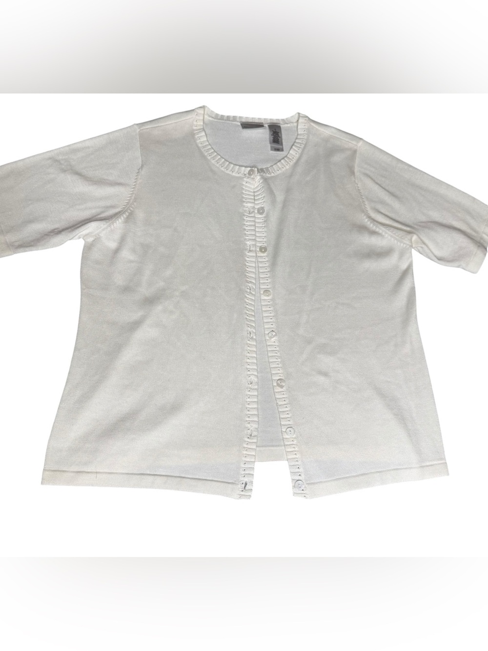 Villager Liz Claiborne Cream Short Sleeve Cardigan Sweater Pointelle Knit Large